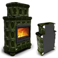 КимрПечь Изразцовый камин Медальон пристенный двухъярусный Хвоя (топка: Ладья-700) (топка: Ладья-700)